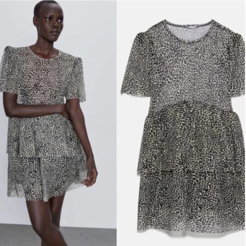 Zara Black and Cream Leopard Print Tiered Long Sleeve Dress